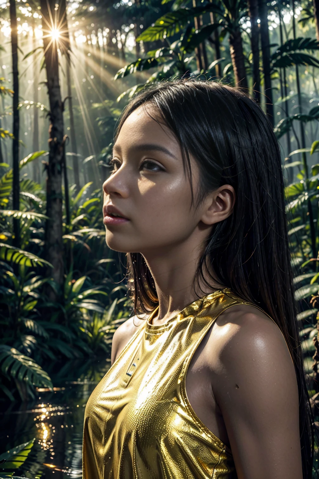 Water, African beautiful spirit woman, liquid gold clothes, rainforest, on background forest fires, RAW photo, fov, lens flare, god rays, overlay, volumetric fog, cinematic light, depth of field, epic, Realism, wallpaper, detailed, small details, intricate, 8k hdr, golden ratio, asymmetry, artwork, best quality