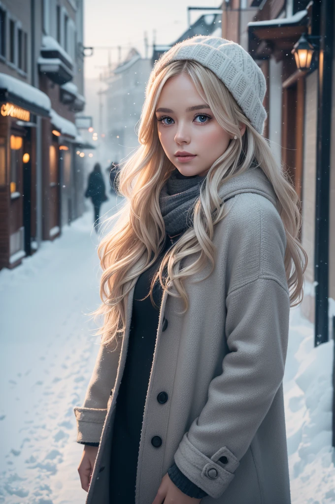professional photography of a beautiful norwegian girl in winter clothes with long wavy blonde hair, sensual and seductive look, beautiful symmetrical face, beautiful natural makeup, wearing chic warm winter fashion clothing, ((standing outside on the snowy city street)), impressive modern urban environment, ultra realistic, conceptual artwork, chic, highy detailed, intricate, sharp focus, Depth of field, f/1. 8, 85 mm, medium shot, mid shot, (((professional color grading))), soft and bright diffused light, (Volumetric fog), Trends on Instagram, HD 4k, 8K