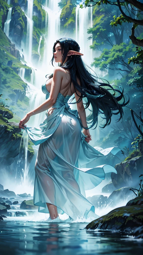 （full body picture，full body display），((epic composition，Waterfall in the forest，A woman wearing a flowing white gauze skirt，water goddess，There is a pair of water wings behind him，whole body xianxia，Shoot from behind，from below，Rich scene details，Water mist，flying water splash，Blue sky))，(25 years old，Excited expression，Open your mouth，sexy，enjoy，raised nipples),((anatomically correct，8k, super detail, UHD, masterpiece, super detail, high details, high quality, award winning, best quality, highres, 1080P, HD, 4K, 8k, ccurate)), wet hair,detailed face, detailed eyes, detailed hands,elf woman, detailed HANDS
