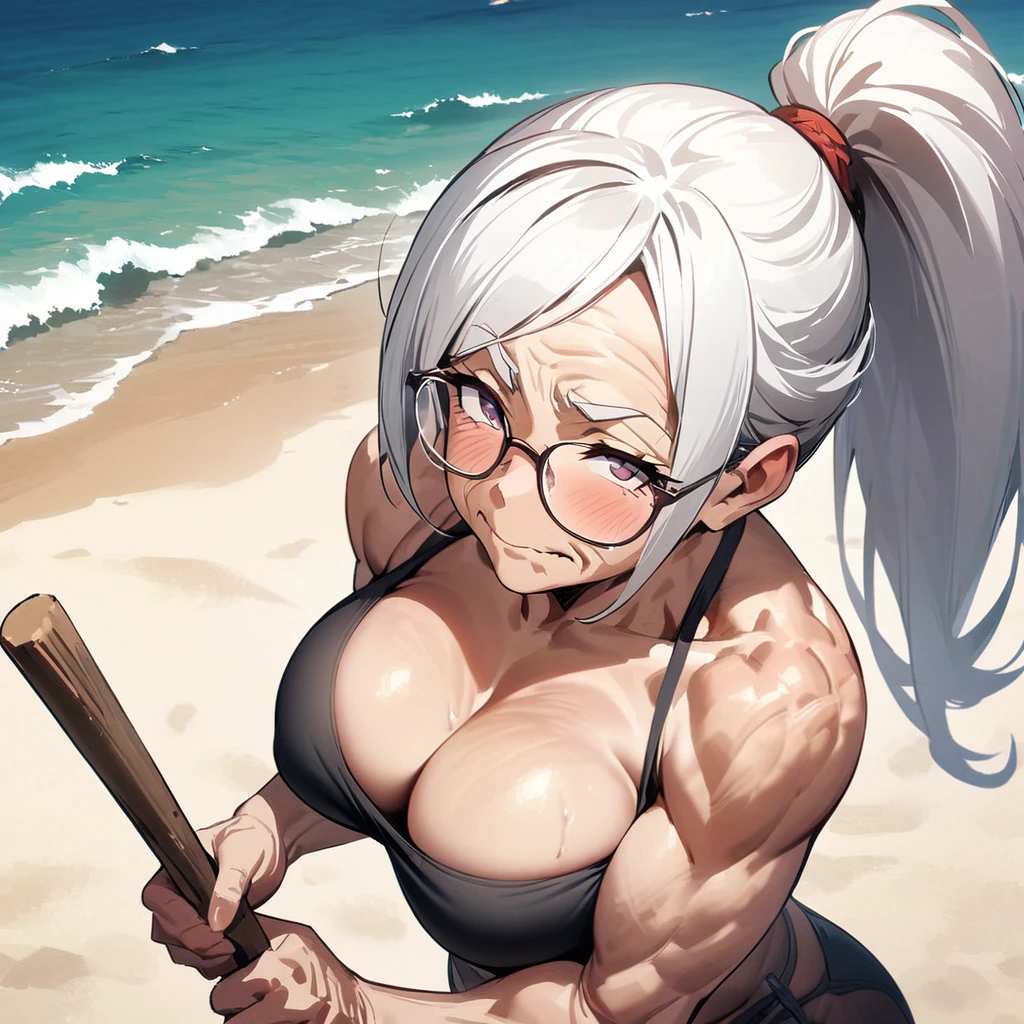 Top quality, masterpiece, 70 years old, muscular old woman, wrinkles on face, glasses, white hair, ponytail, 棒でスイカを叩き斬る, holding wooden stick, sandy beach, sea
