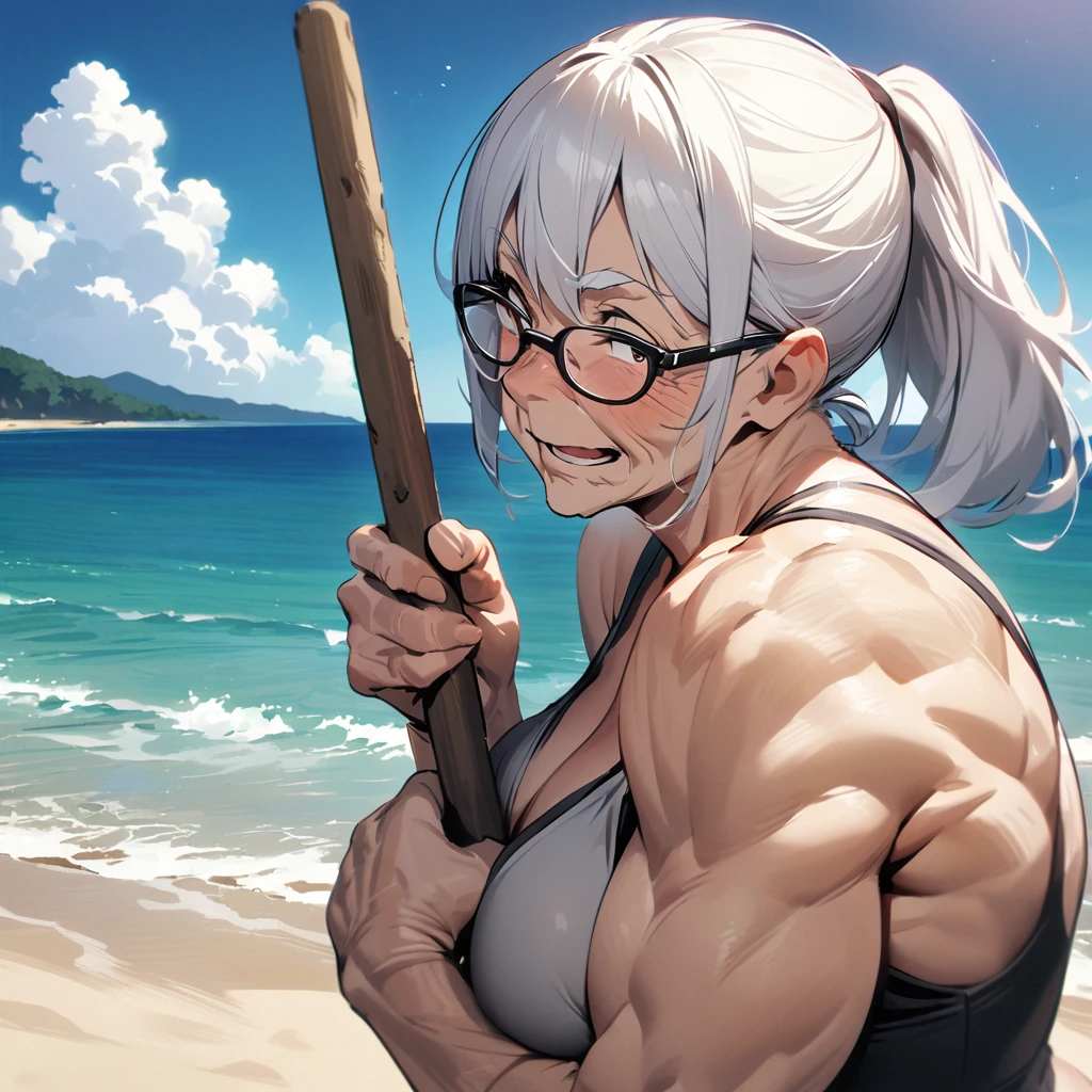 Top quality, masterpiece, 70 years old, muscular old woman, wrinkles on face, glasses, white hair, ponytail, 棒でスイカを叩き斬る, holding wooden stick, sandy beach, sea
