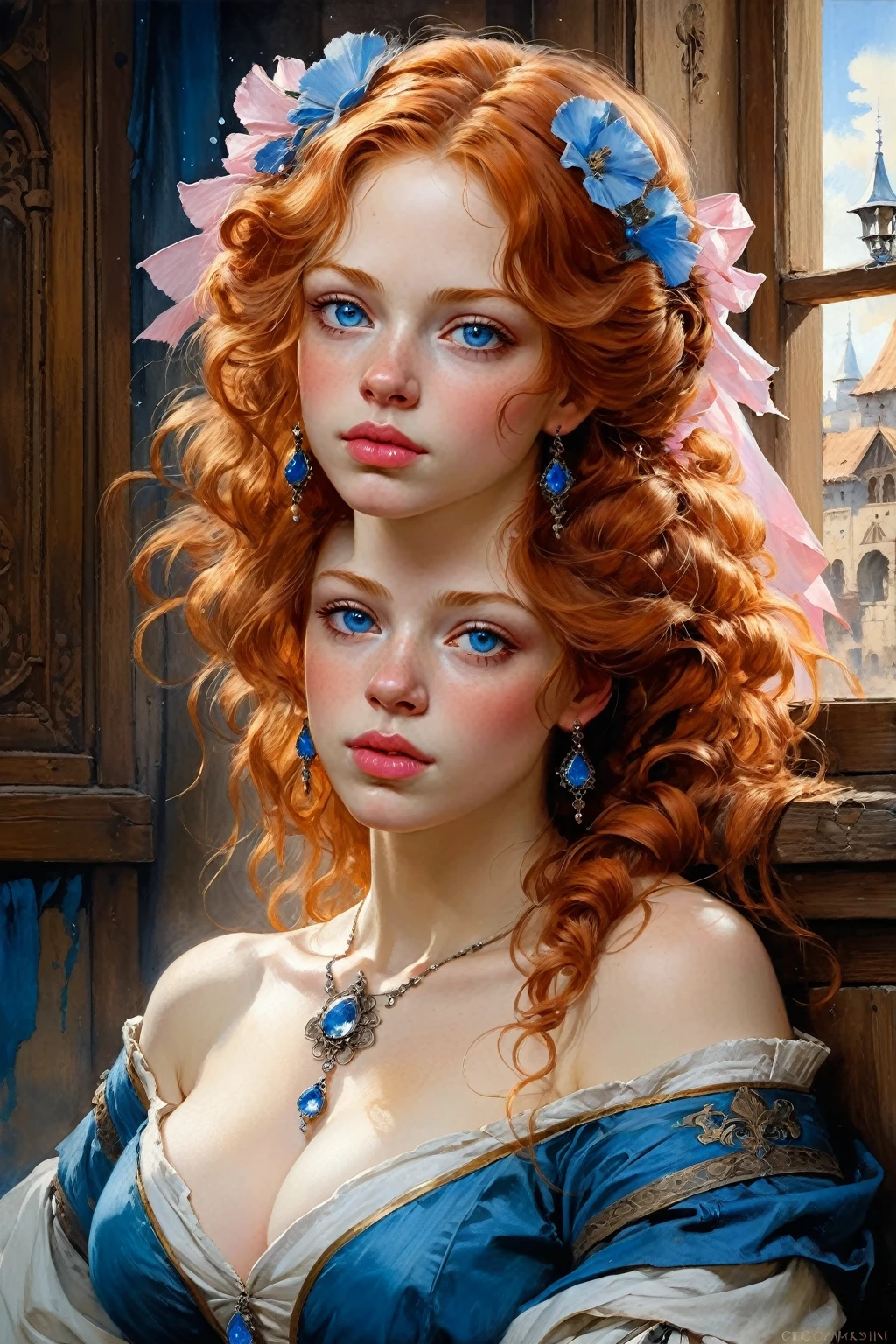 Victorian Hungarian women Women of the 14th century, Ginger hair, Pink lips, Nice feature, Wadim Kashin, james gurney, ink, Splash Art", Amazing beauty , Royo, after sexing, Super detailed splash art modern European oil ink painting, Mid Gorgeous chests, Gorgeous Body, oil painting, Light Diamond Blue eyes, Blush, Greg Rutowski.