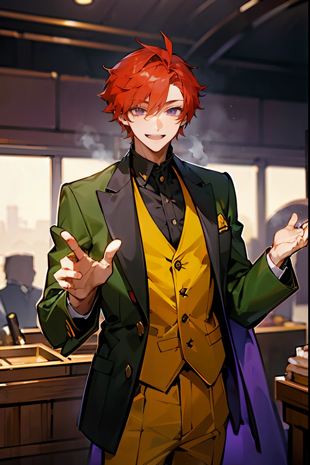 1male, Red Hair, Black Suit, Short Hair, Yellow and Green Jacket, Formal Clothing, Purple Eyes, Smiling, Tall, Wave Controller, Adult Male, Market, Standing by a Stall