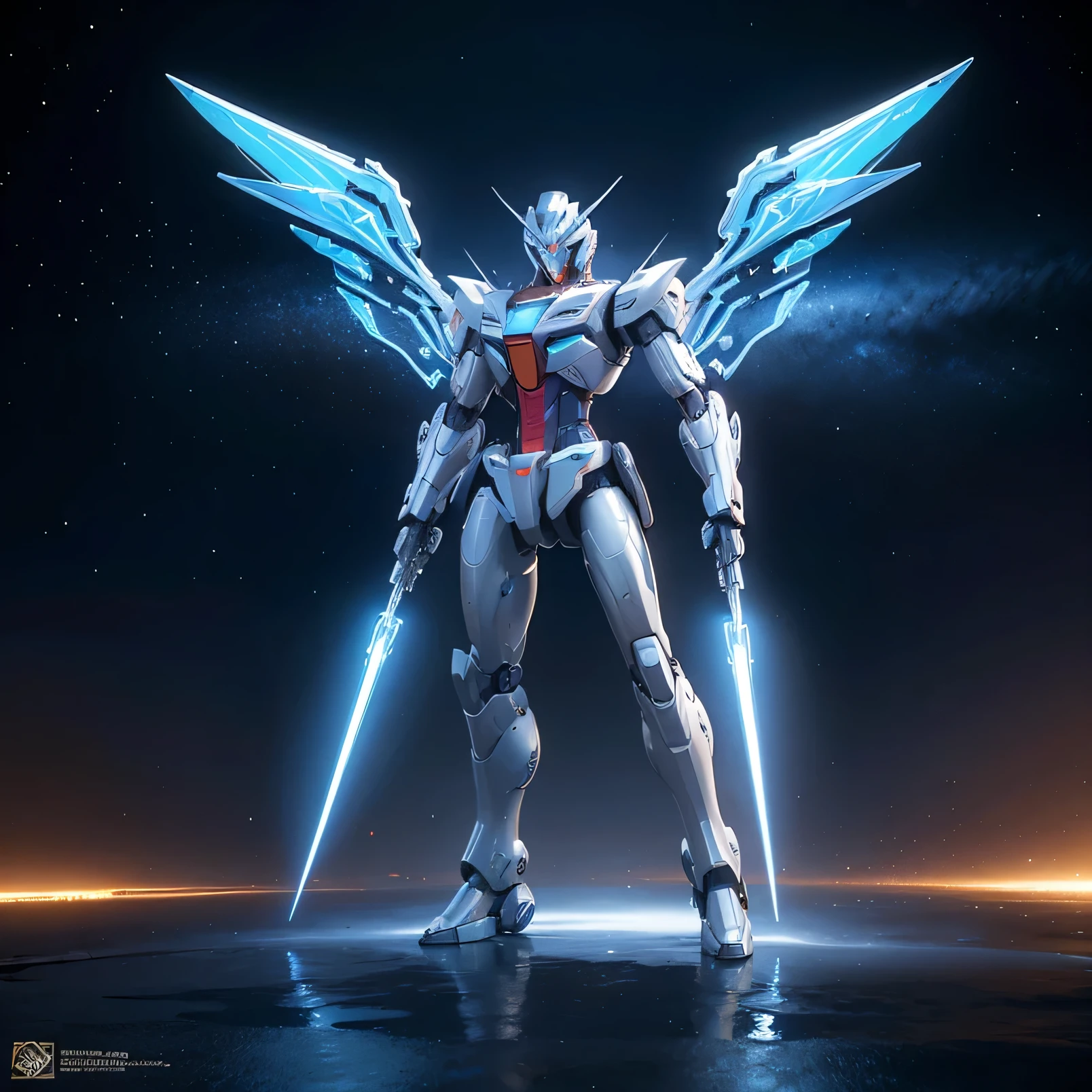 "A highly futuristic giant humanoid robot, resembling a Gundam, standing in a heroic pose. Must feature smooth metal surfaces, vibrant colors, glowing blue accents, and intricate mechanical details. Robot The robot must look strong and agile and emphasize its advanced design.'' Show parts of the robot during transformation, with mechanical components moving and wings extending as it changes from humanoid to flying form. will do so. The background should depict a futuristic cityscape with advanced technology and flying vehicl