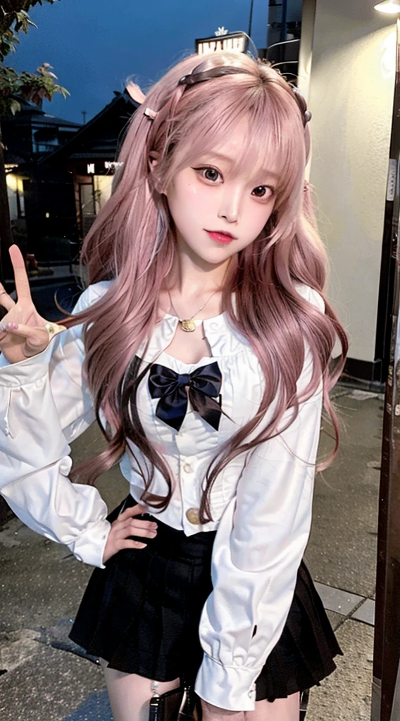 Photo Realistic Woman, Woman brown eyes, brown hair, UltraHD, surreal인 스타일, detailed 얼굴  머리카락\(pink,twin tail,floating,rolling,detailed,shining\),hair clip\(mind\),Costume\(pink colored gothic lolita\),(narrow eyes),very cute pose,(chest:1.3),open cleavage, cute hand sign\), break ,background\(Harajuku\(Tokyo,japan\),At night,cute,fancy,dark\), break ,quality\(8K,wallpaper of extremely detailed CG unit, masterpiece,highest resolution,top-quality,top-quality real texture 피부,surreal,Increase resolution,RAW photos,최고의 quality,highly detailed,wallpaper,cinematic lighting,ray tracing,golden ratio\),(dynamic angle),(face close up:1.3),looking down at the viewer,from below,Better hand
