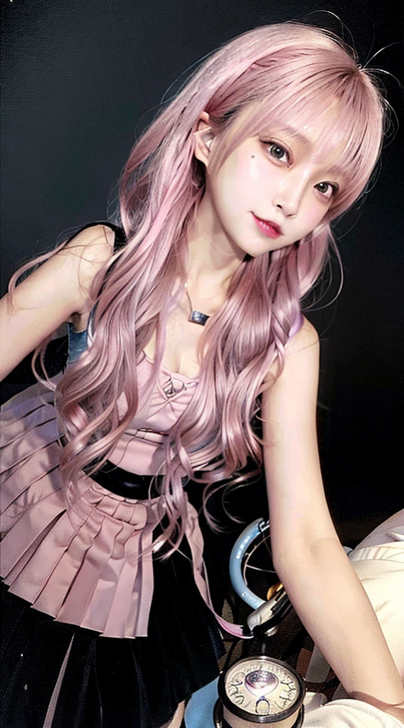 Photo Realistic Woman, Woman brown eyes, brown hair, UltraHD, surreal인 스타일, detailed 얼굴 머리카락\(pink,twin tail,floating,rolling,detailed,shining\),hair clip\(mind\),Costume\(pink colored gothic ta\),(narrow eyes),very cute pose,(chest:1.3),open cleavage, cute hand sign\), break ,background\(Harajuku\(Tokyo,japan\),At night,cute,fancy,dark\), break ,quality\(8K,wallpaper of extremely detailed CG unit, masterpiece,highest resolution,top-quality,top-quality real texture 피부,surreal,Increase resolution,RAW photos,최고의 quality,highly detailed,wallpaper,cinematic lighting,ray tracing,golden ratio\),(dynamic angle),(face close up:1.3),looking down at the viewer,from below,Better hand