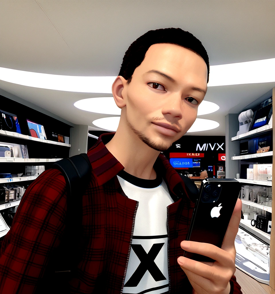 man holding a black iphone 12 in his hand. elegant posture, firm look, upright body and in the background of the image a technological product store. Pixar rendered image, 3D drawing
