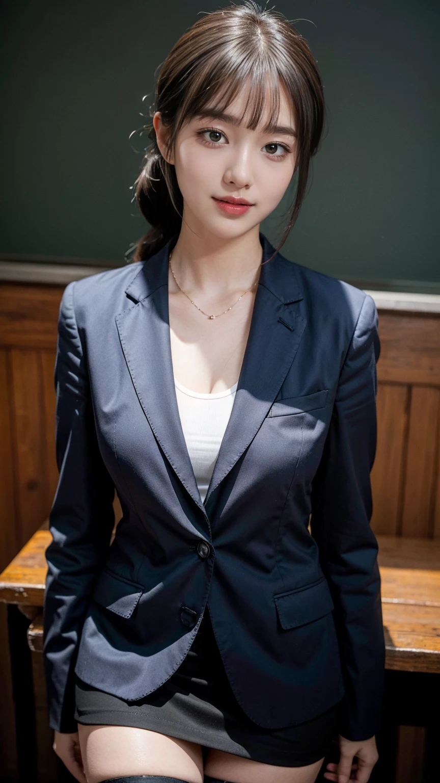 (best quality, masterpiece:1.3), (actual, photo actual:1.3), ultra high resolution, ultra high definition, Extremely detailed CG unified 8k wallpaper, (actual skin, Delicate skin), (perfect anatomy), (official art, Beautiful and beautiful), (generous smile:1.3), (seductive face:1.3), (korean woman:1.3), alone, depth of field, classroom,(big breasts:1.1),(cowboy shot:1.5), (business suit:1.3), (skirt),(plunging blouse),(necklace), (naturally look at camera:1.3), (blunt bangs:1.5), (stockings),(ponytail hairstyle:1.3)