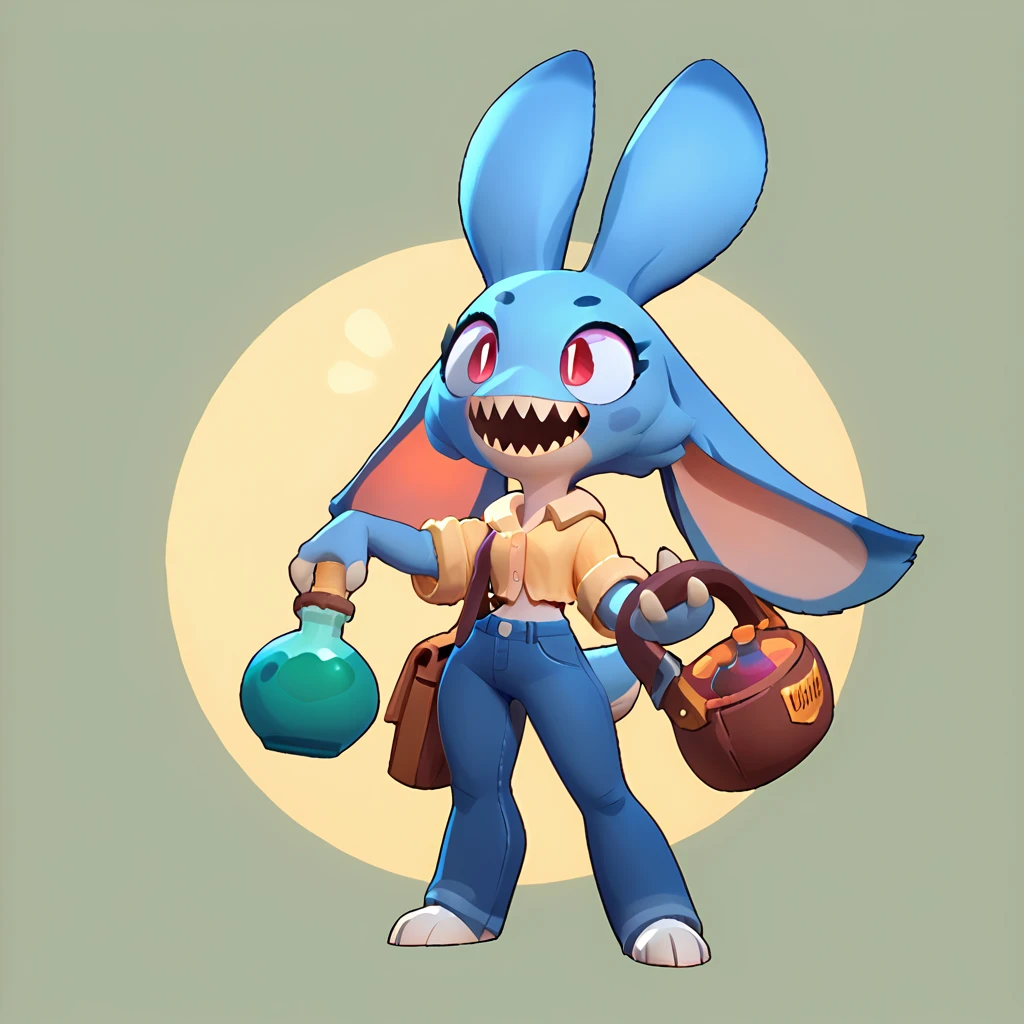 Full body view from a round creature with blue fur, female, long ears, smiling, sharp teeth, wearing jeans, friendly round creature, holding a green potion in his hand