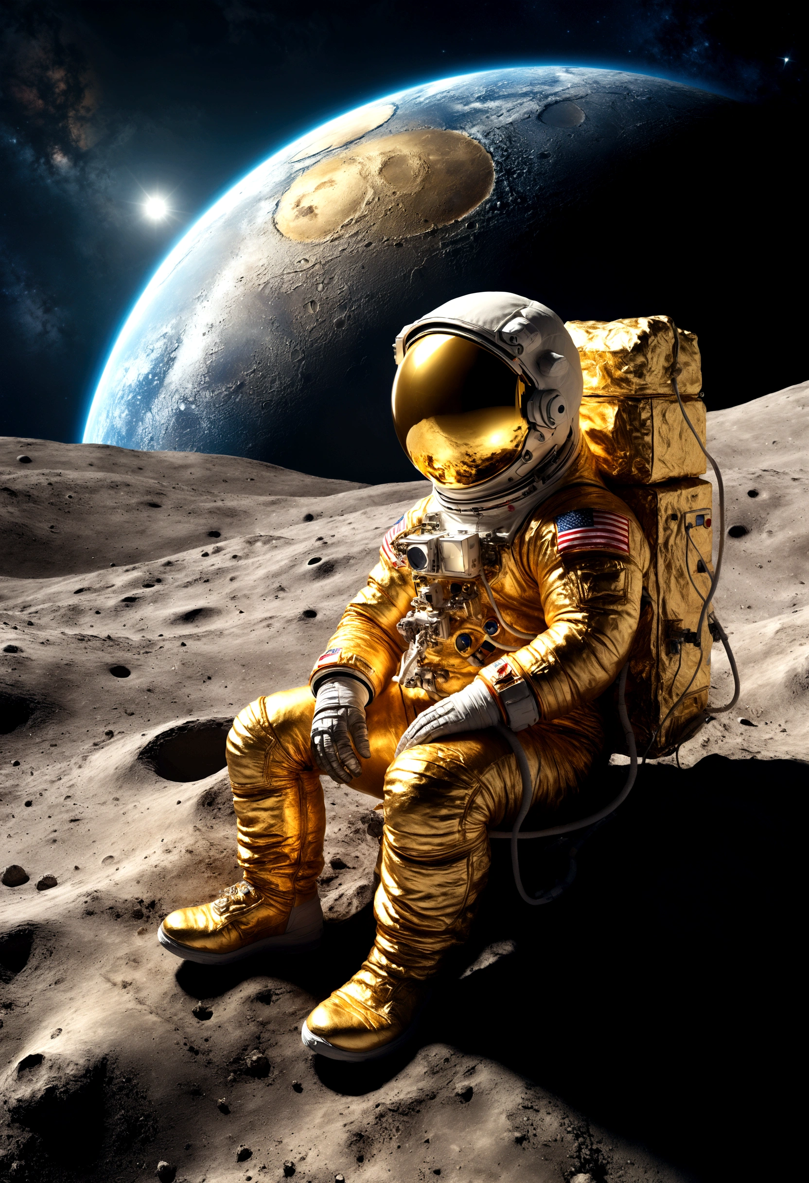 1 astronaut in golden spacesuit, sitting on the moon, looking at the earth, wide panoramic landscape, dramatic lighting, highly detailed, cinematic, award winning, hyper realistic, 8k, photorealistic, dramatic lighting, volumetric lighting, intricate details, vivid colors, moody atmosphere, stunning composition, epic scale, photographic, digital art, concept art, masterpiece