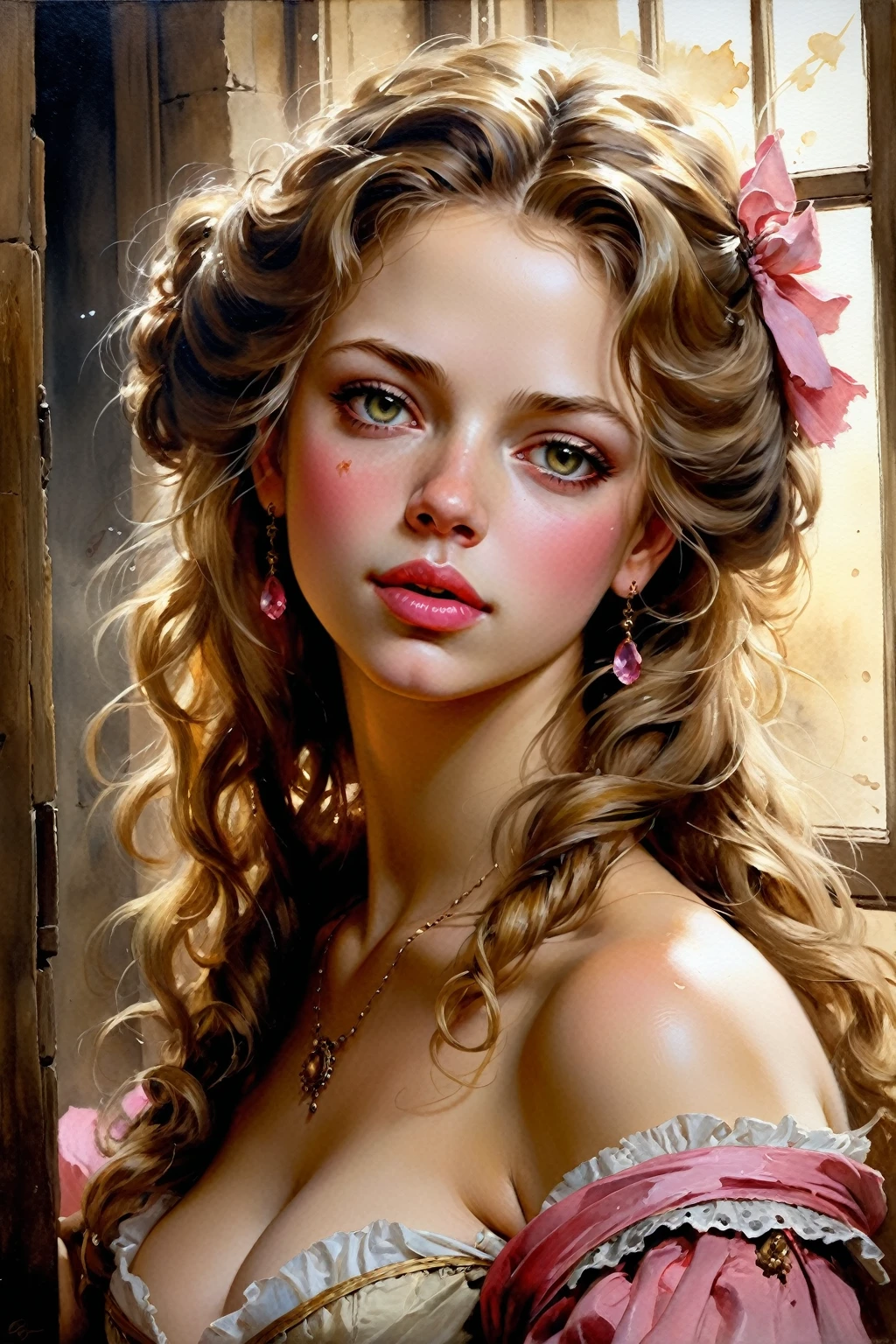 Victorian Hungarian women Women of the 18th century, Dark Blonde hair, Pink lips, Nice features, Wadim Kashin, James Gurney, ink, Splash Art, Amazing beauty, Royo, after sexing, Super detailed splash art modern European oil ink painting, Mid Gorgeous chests, Gorgeous Body, oil painting, Light Hazel eyes, Blush, Greg Rutowski.