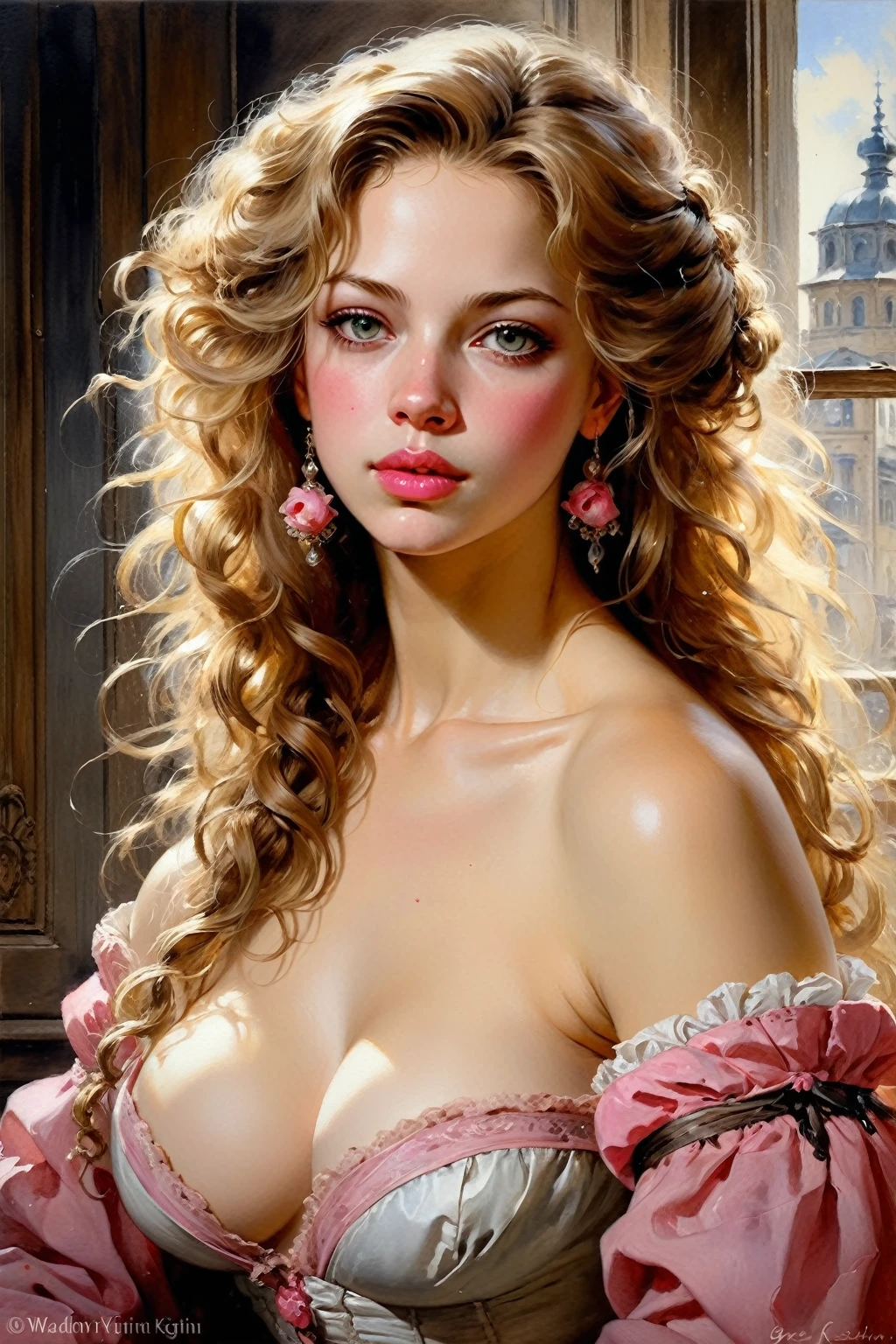 Victorian Hungarian women Women of the 18th century, Dark Blonde hair, Pink lips, Nice features, Wadim Kashin, James Gurney, ink, Splash Art, Amazing beauty, Royo, after sexing, Super detailed splash art modern European oil ink painting, Mid Gorgeous chests, Gorgeous Body, oil painting, Light Hazel eyes, Blush, Greg Rutowski.