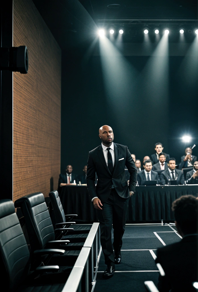 bald black man hip hop executive in suit and tie in a large conference room with posters of singers.