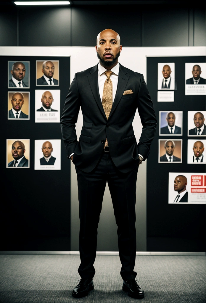 bald black man hip hop executive in suit and tie in a large conference room with posters of singers.