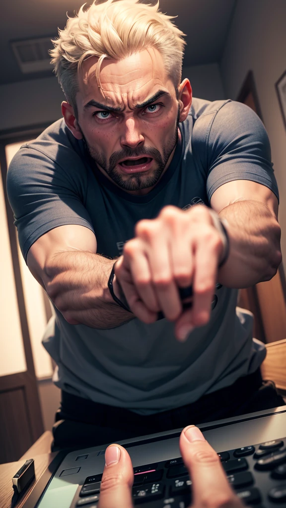 a man pointing at the screen in fear and scared