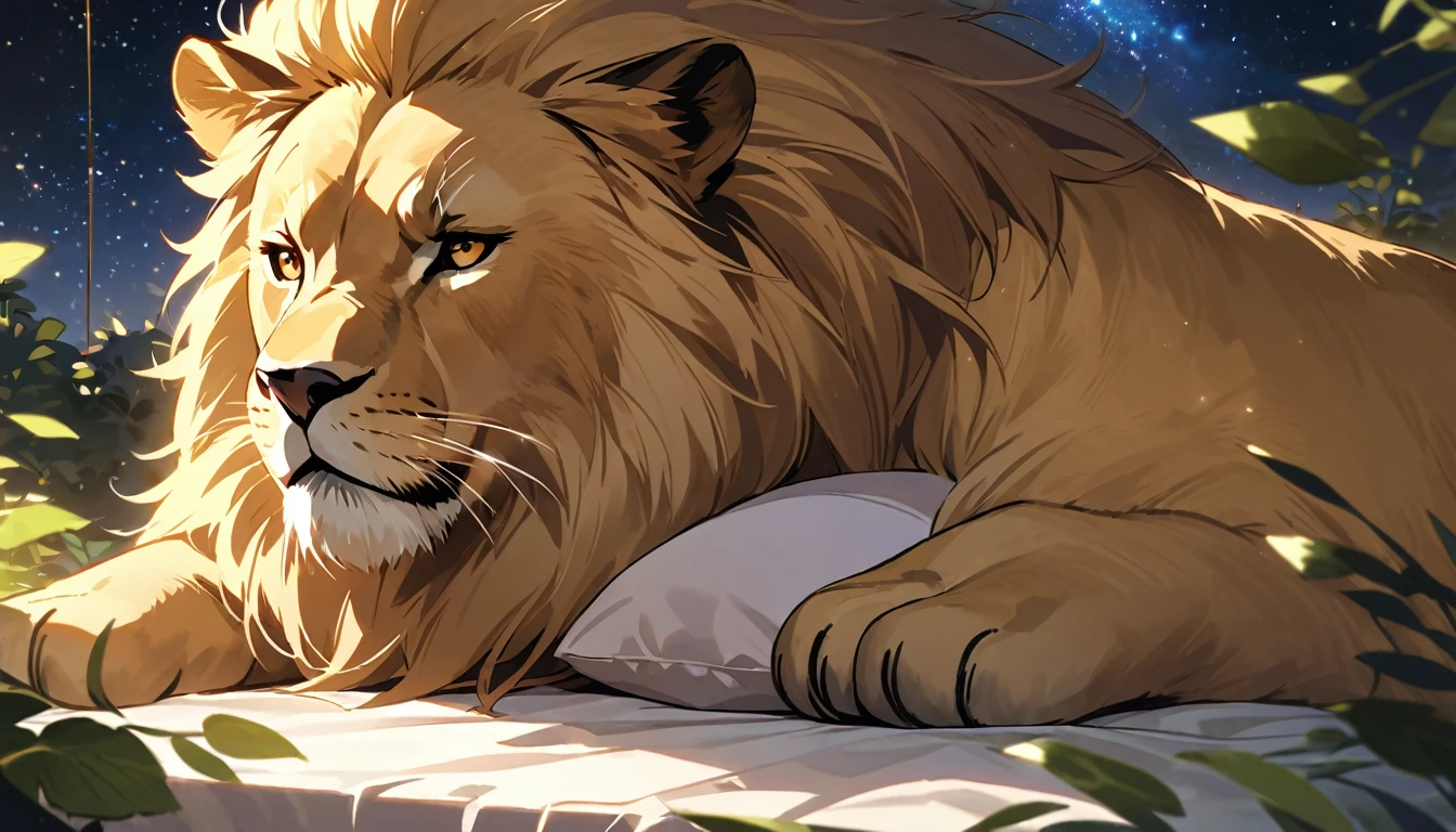 A majestic lion, its golden fur glistening in the soft moonlight, lies solo and serene on a bed of lush greenery amidst a tranquil night landscape. The starry sky above serves as a celestial canvas, while the gentle rustling of leaves creates a soothing soundtrack to this masterpiece of relaxation..sleep