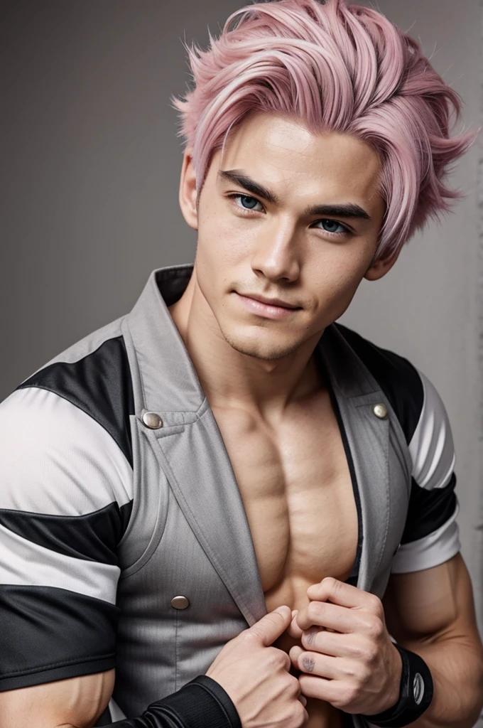 Boku no Hero, masculine boy with pink hair and white locks, gray eyes, dimples, full picture
