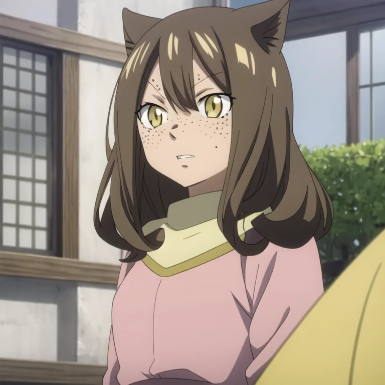 Masterpiece, best quality, 1girl, (face focus), 9 years old, (very young:1), looking at viewer, depth of field, (Fairy Tail style:1.25), (curly dark brown hair:1.05), medium hair, cat_ears, yellow eyes, light tanned colored skin, dark freckles, pink composition shirt, dark magenta bomber jacket, (anime screencap:0.6), outside background, science fiction social science fiction