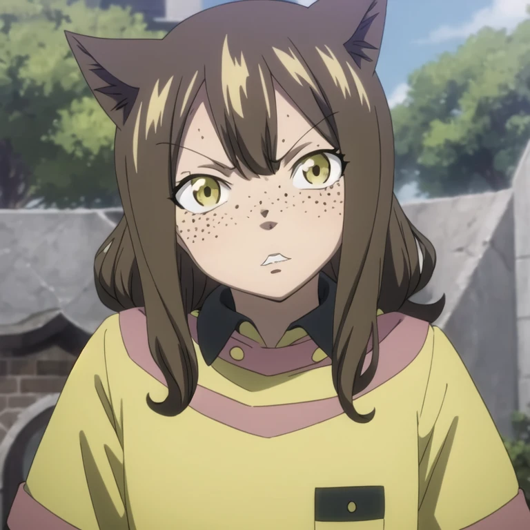 Masterpiece, best quality, 1girl, (face focus), 9 years old, (very young:1), looking at viewer, depth of field, (Fairy Tail style:1.25), (curly dark brown hair:1.05), medium hair, cat_ears, yellow eyes, light tanned colored skin, dark freckles, pink composition shirt, dark magenta bomber jacket, (anime screencap:0.6), outside background, science fiction social science fiction