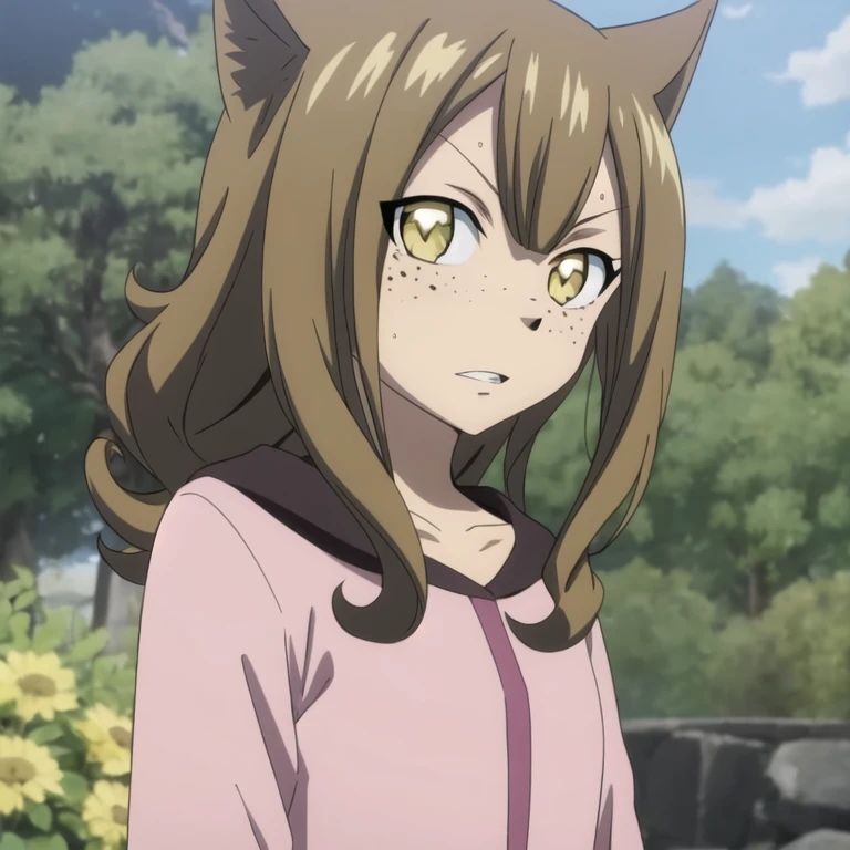 Masterpiece, best quality, 1girl, (face focus), 9 years old, (very young:1), looking at viewer, depth of field, (Fairy Tail style:1.25), (curly dark brown hair:1.05), medium hair, cat_ears, yellow eyes, light tanned colored skin, dark freckles, pink composition shirt, dark magenta bomber jacket, (anime screencap:0.6), outside background, science fiction social science fiction