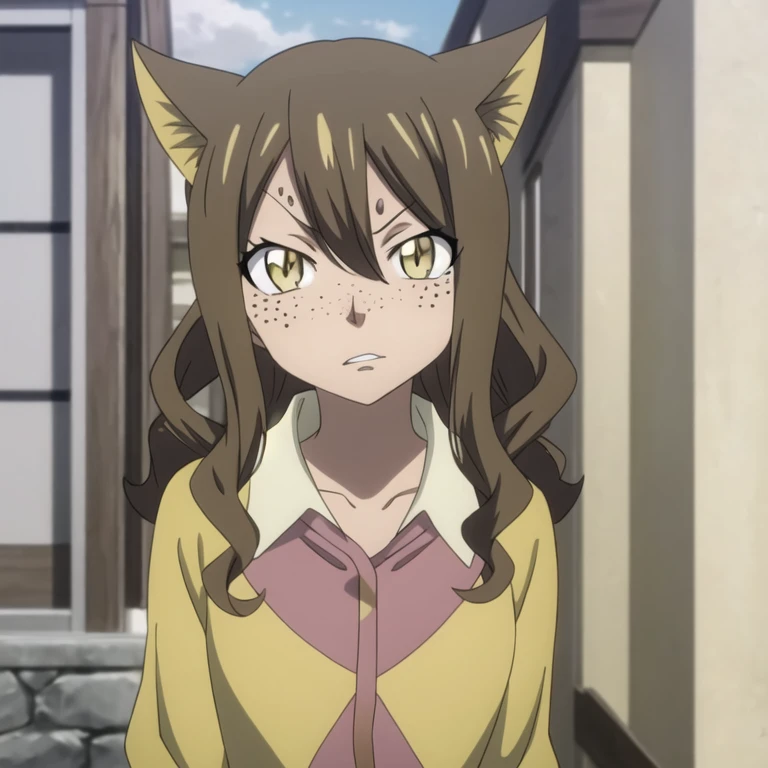 Masterpiece, best quality, 1girl, (face focus), 9 years old, (very young:1), looking at viewer, depth of field, (Fairy Tail style:1.25), (curly dark brown hair:1.05), medium hair, cat_ears, yellow eyes, light tanned colored skin, dark freckles, pink composition shirt, dark magenta bomber jacket, (anime screencap:0.6), outside background, science fiction social science fiction