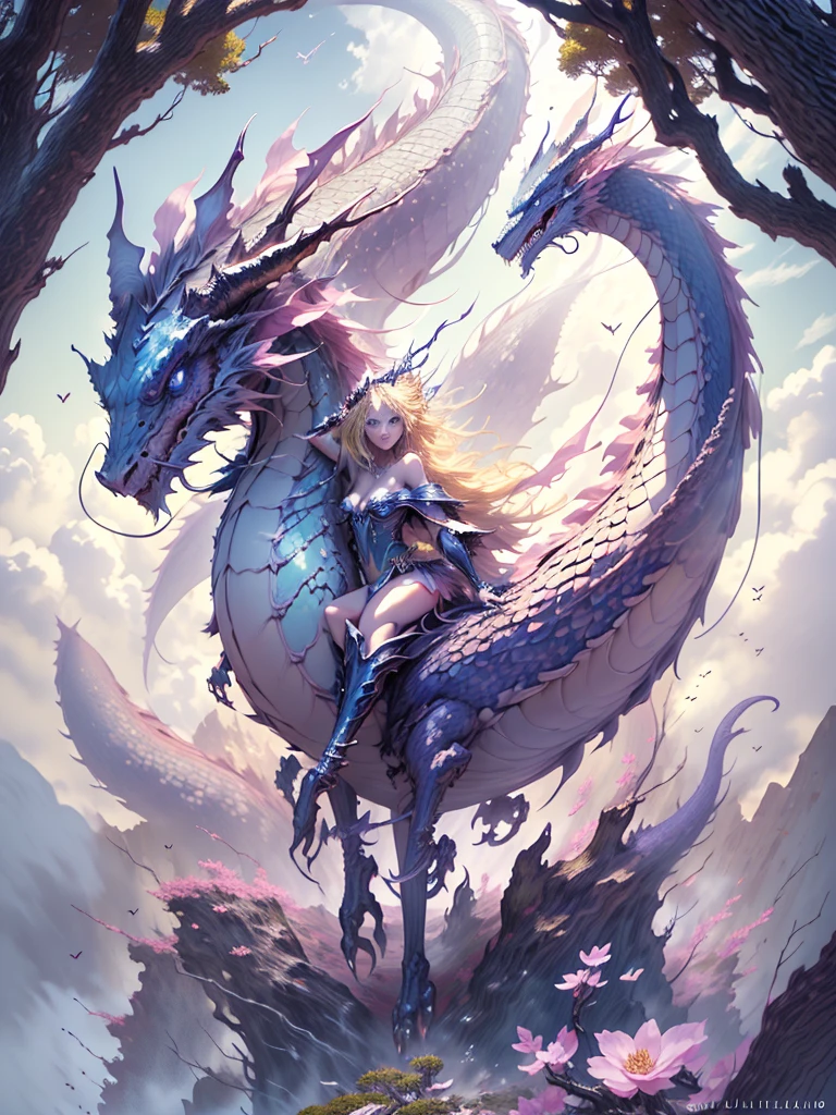 Dark magician gilejor quality, ((Masterpiece)), (detailed), Blonde, thin , thin , seductive succubus, Ethereal Beauty, Perched on a pink flowering tree, (Fantasy Illustration: 1.3), charming look, captivating pose, dark magician gils girl alone, delicate butterfly wings, otherworldly charm, mystical sky, (Luis Royo:1.2), (Yoshitaka Amano:1.1), Moonlit morning, Soft colors, (nubes detaileds:1.3), (high resolution:1.2) ( dragon flying in the sky) dress, legs hanging over the pond,  , realist, realism, sexy body, Desert Landscape. blue heels. Sejustive pose and