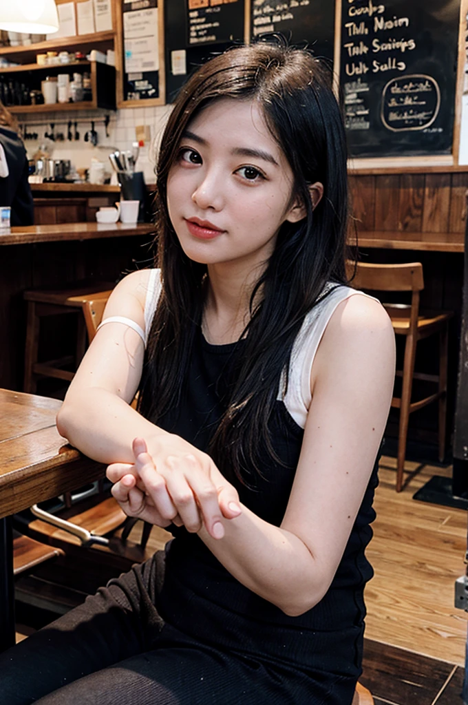 1girl, adult lady, sitting, hands, coffeeshop  