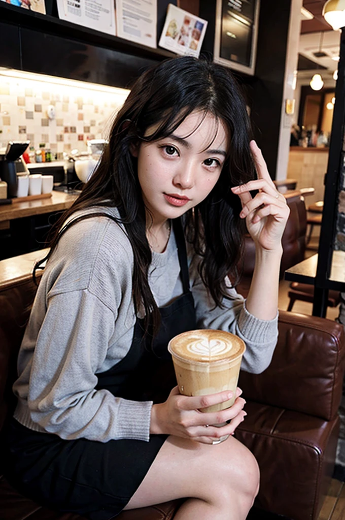 1girl, adult lady, sitting, hands, coffeeshop  