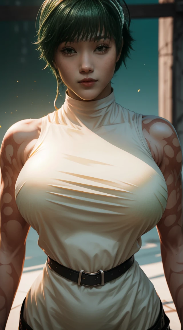 best quality, masterpiece, 1girl, (solo:1.1), raytracing, ultra detailed,detailed face, 8k wallpaper, aesthetic background, thin hips, ZeninMakiNDV, 1girl, green hair, yellow eyes, large breast, white belt.