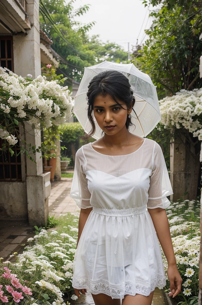 Original painting of a 30 years old south asian woman wearing a beautiful white dress  under a rain of flowers 