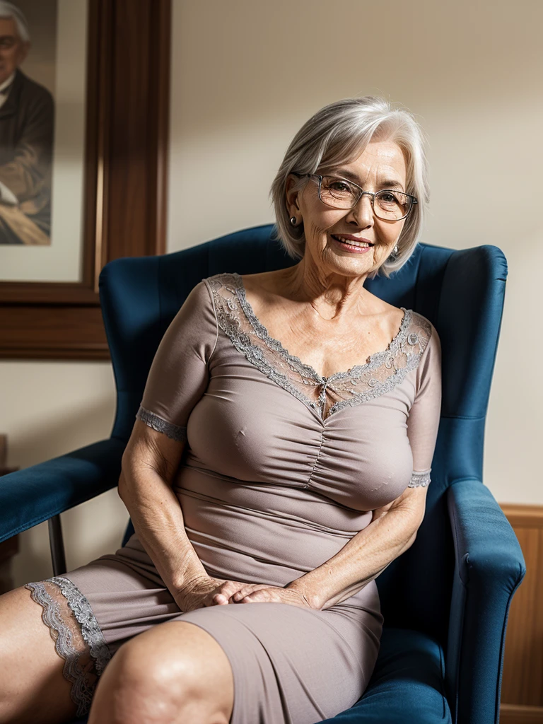 Mature old woman 80 years with silver hair, plus size, old face and body with many wrinkles, smiling, loose skin, she smiling, posing in front of the wall, sitting on the chair, She wearing tight bodycon dress, large neckline and lace stockings and glasses, jaw dropping mature older beauty, old face and body with wrinkles, legs are visible, old face, attractive grandma, a gorgeous old hair, beautiful old grandma, lovely older mature grandma, gorgeous beautiful grandma over 80 years old, beautiful silver hair grandma, beautiful detailed body and face, a beautiful old granny