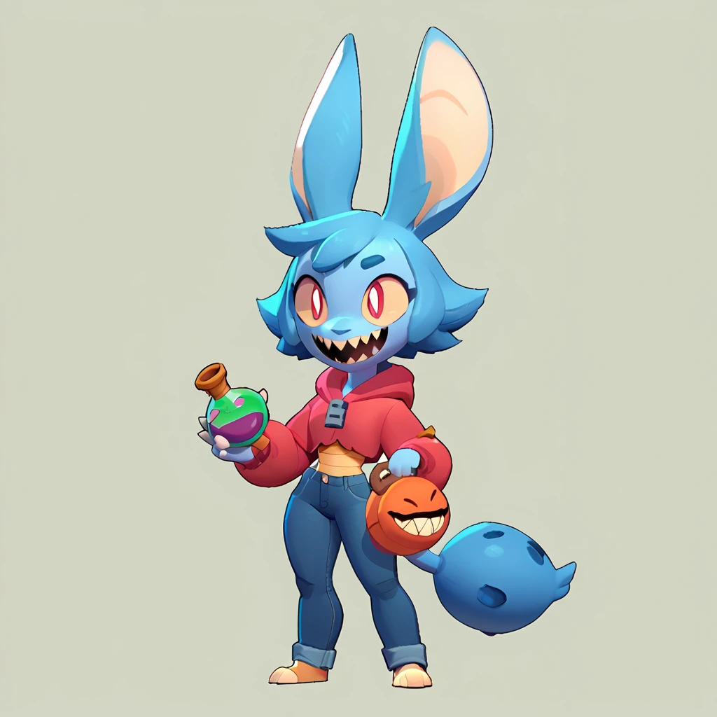 Full body view from a round creature with blue fur, female, long ears, smiling, sharp teeth, wearing jeans, friendly round creature, holding a green potion in his hand