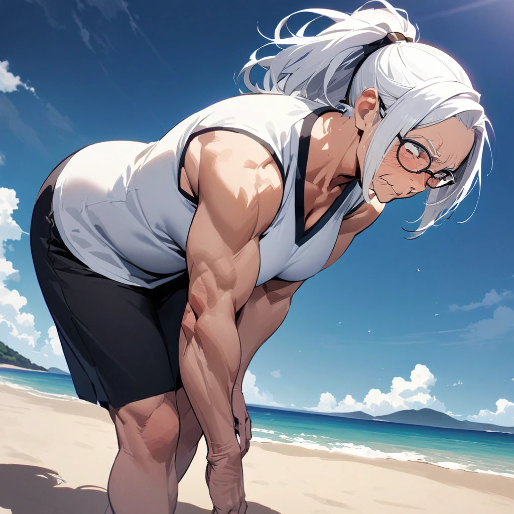 Top quality, masterpiece, 60 years old, muscular old woman, wrinkles on face, glasses, white hair, ponytail, ((棒でスイカを叩く)), sandy beach, sea
