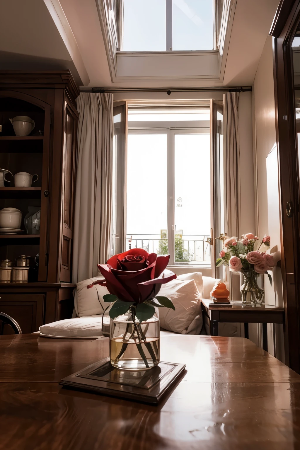create a rose inside a house at dawn