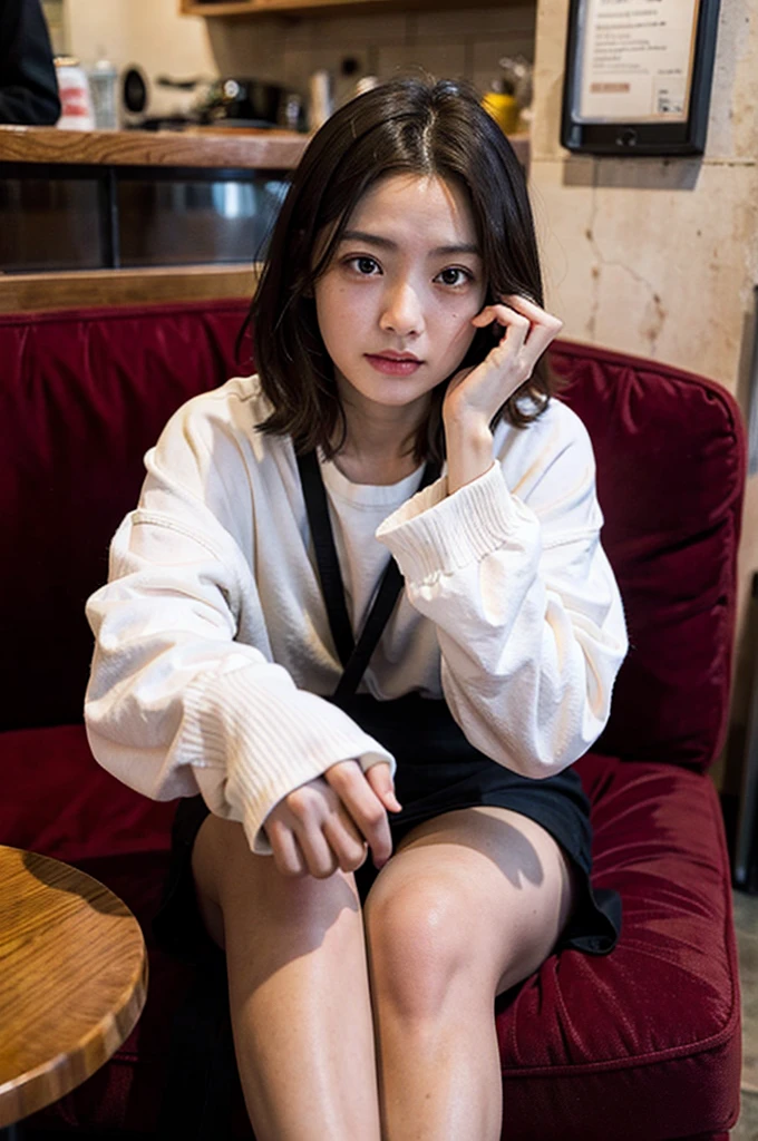 1girl, adult lady, sitting, hands, coffeeshop
