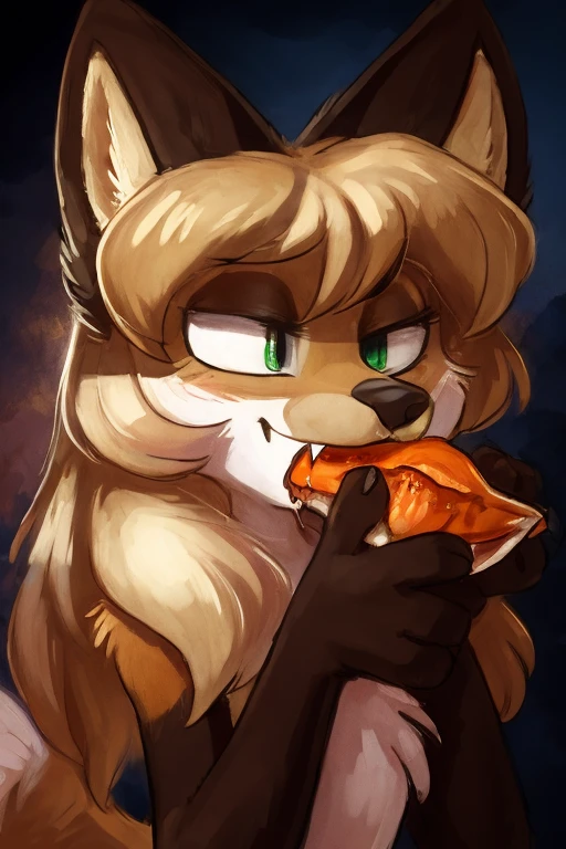 Kinky smiling, uploaded the e621, by Kenket, by waspsalad, by phluks, by zero-sum, beautiful and detailed, woman (((female))) ((anthro)) Fox, (Averi, Fox girl), cinematic lighting, Fox, (anthro, fluffy fur, character focus:1.1), anthro fox girl, body fur, curvy, sexy, nice, cute, hot, (half-closed eyes), green eyes, 1girl, fish, biting fish, eating fish