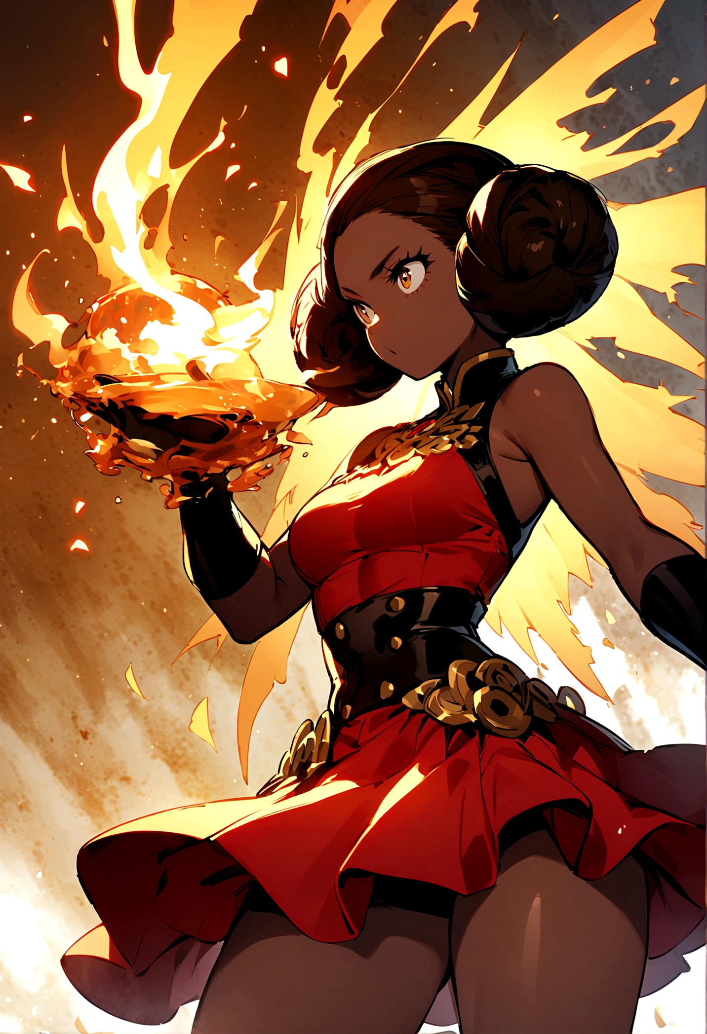slightly plump red-skinned imp female grinning wildly, small horns, demon imp tail, hooves instead of feet, she's a short-stack, digital art, great quality, great lightning and shading, small chest, arched back, wide hips, short waist, she's using a black loin cloth and cloth bra wrapped in her small chest, red skinned, black hair, yellow eyes.