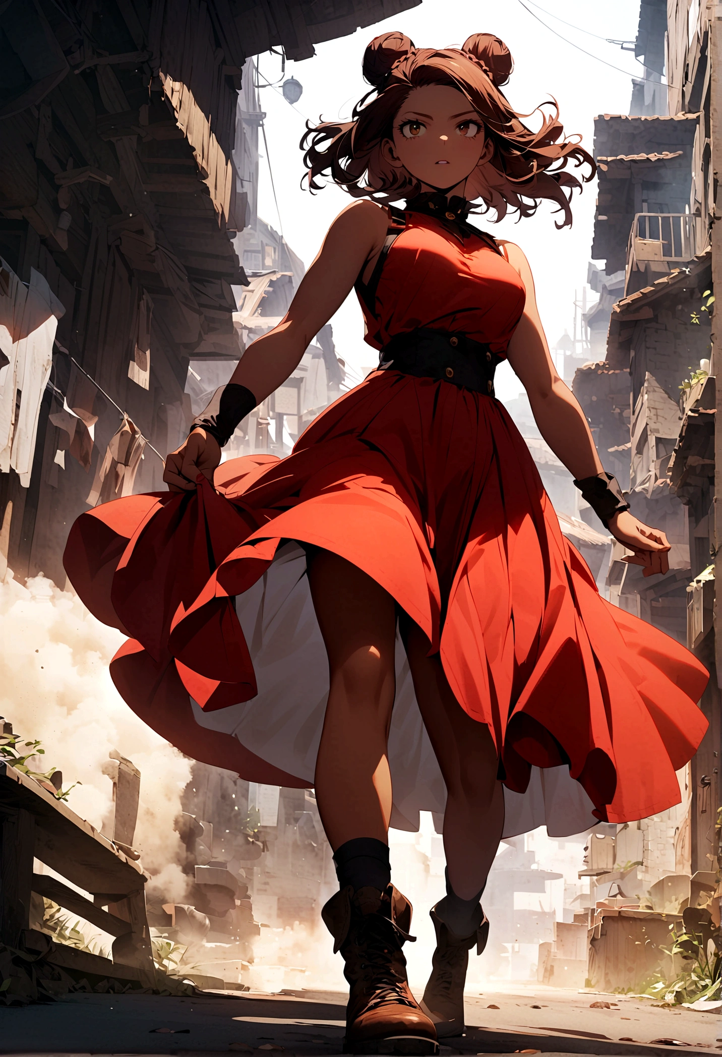 My Hero Academia Capture female with long waist length curly black, singular bun, brown irises, sleeveless red pirate dress skirt, caramel colored skin