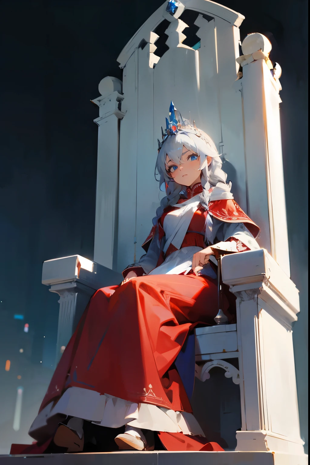 1female, Silver Hair, Red Gown, Braided Hair, White and Blue Scarf, Royal Attire, Blue Eyes, Serious Expression, Athletic, Princess, Adult Female, Castle, Sitting on a Throne