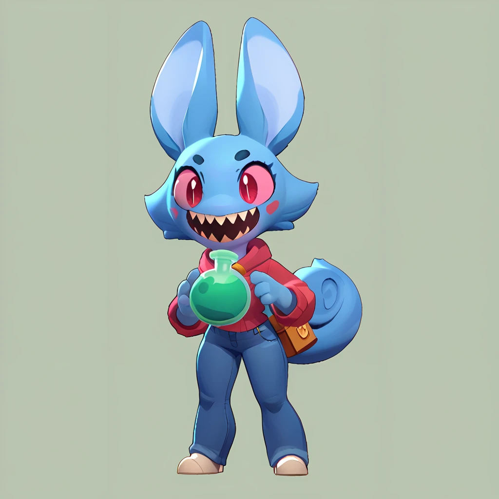 Full body view from a round creature with blue fur, female, long ears, smiling, sharp teeth, wearing jeans, friendly round creature, holding a green potion in his hand