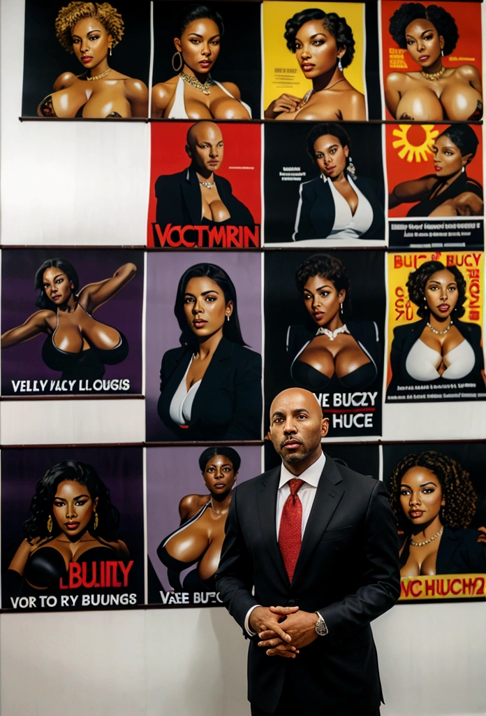 bald black man hip hop executive in suit and tie in a large conference room with ((posters of very busty women:1.4)). 