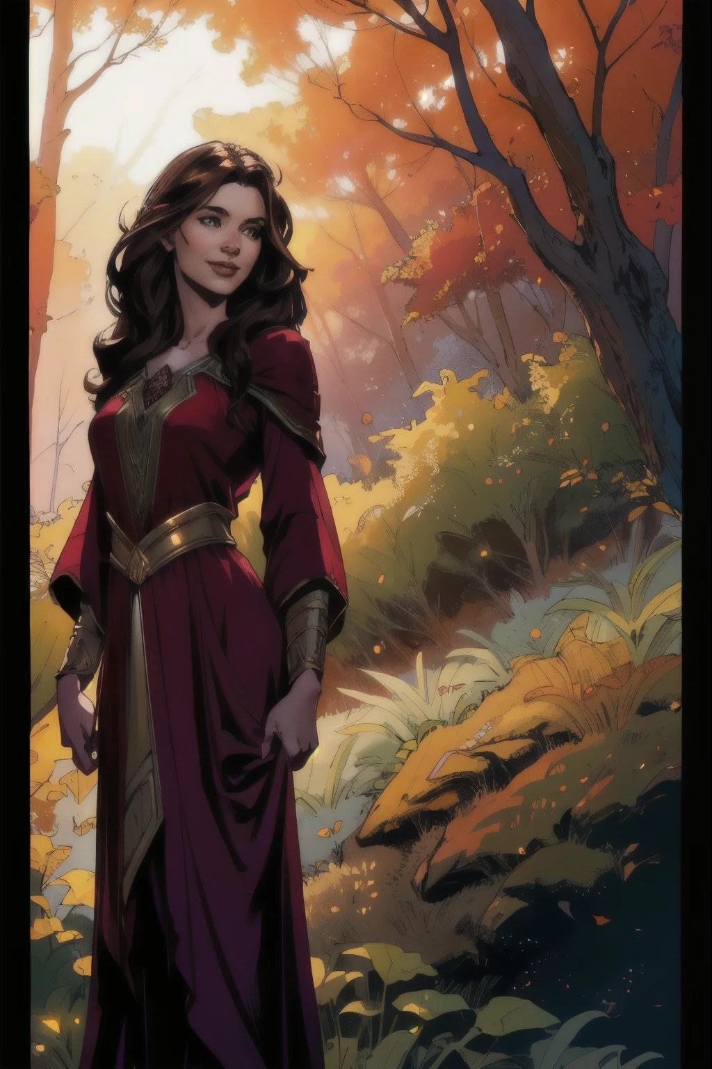 A beautiful elven woman with long brown hair, a warm and inviting smile, wearing a burgundy dress that highlights her attractive figure,detailed facial features, delicate skin, frame, detailed clothing folds and textures, fantasy forest background, natural lighting, cinematic composition, vibrant colors, highly detailed, photorealistic, hyperrealistic