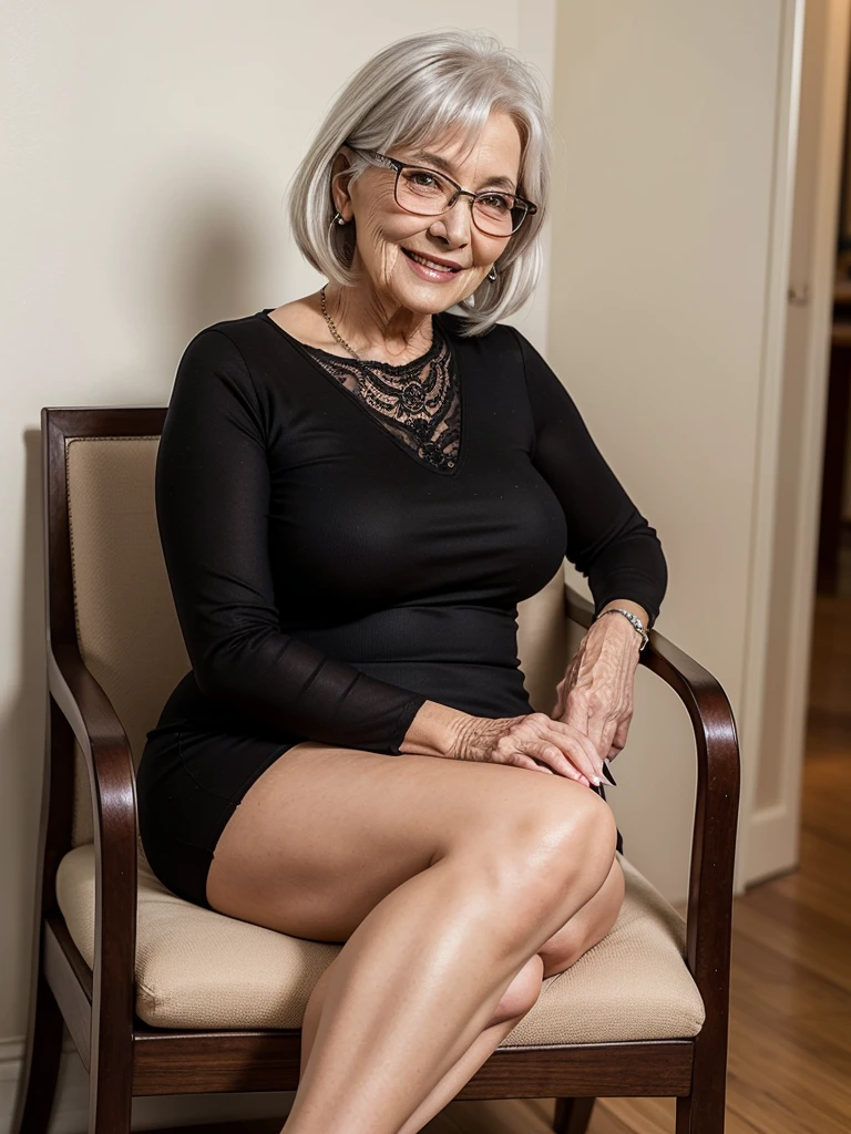 Mature old woman 80 years with silver hair, plus size, old face and body with many wrinkles, smiling, loose skin, she smiling, posing in front of the wall, sitting on the chair, She wearing tight red bodycon dress, large neckline and lace stockings and glasses, jaw dropping mature older beauty, old face and body with wrinkles, legs are visible, old face, attractive grandma, a gorgeous old long hair, beautiful old grandma, lovely older mature grandma, gorgeous beautiful grandma over 80 years old, beautiful silver long hair grandma, beautiful detailed body and face, a beautiful old granny