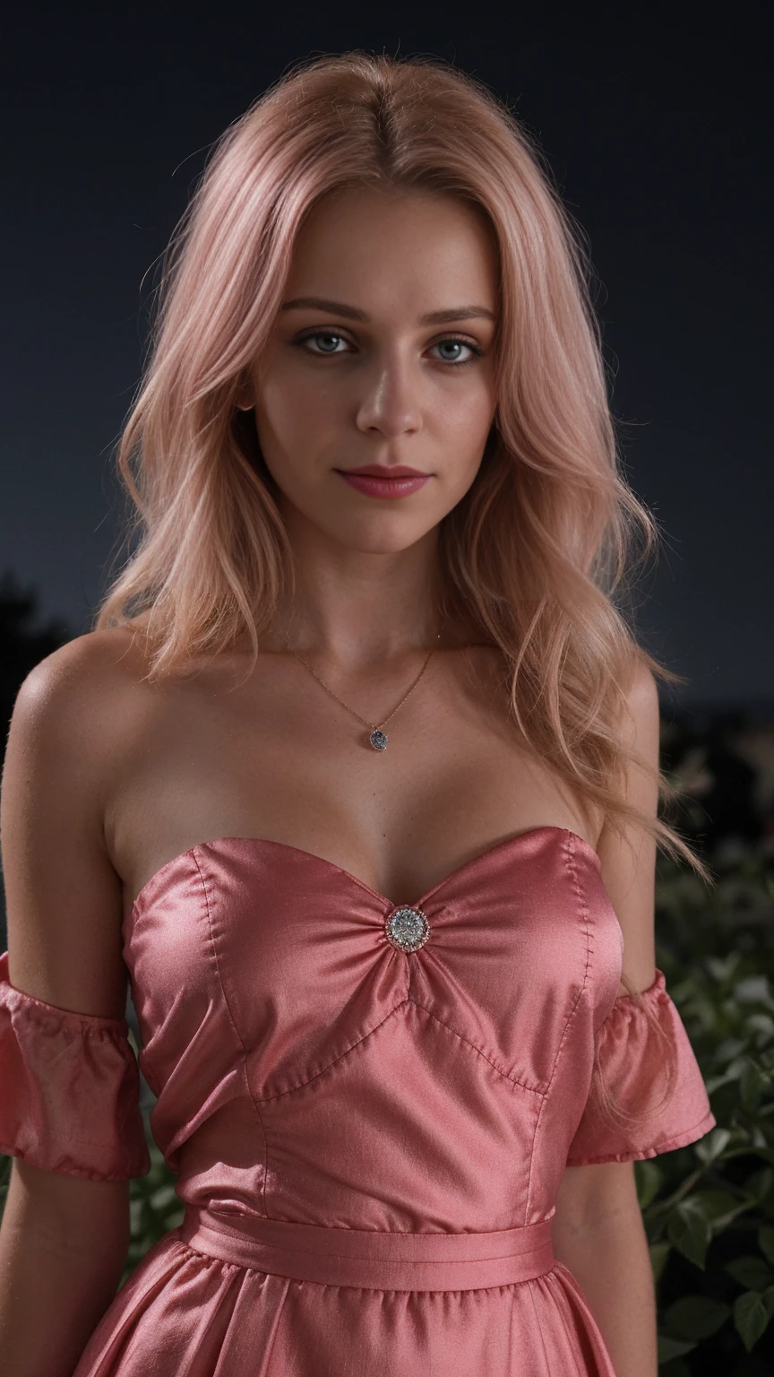 Cheveux châtains blonds, (Photo brute), (le réalisme: 1.8), (rouge à lèvres rouge brillant, Beaucoup de cils, fard à paupières foncé, Timide, rougir, haute qualité, Haute résolution, profondeur du champ composé de collage, aberration chromatique, caustique, lumière large, peau brillante rose foncé, (femme de 21 ans), montre intelligente, téléphone intelligent, étudiante élégante, robe de nuit rose en soie, chiffons serrés pour la peau, beaucoup d'exposition, poser pour la photo, résolutions 8k visibles,