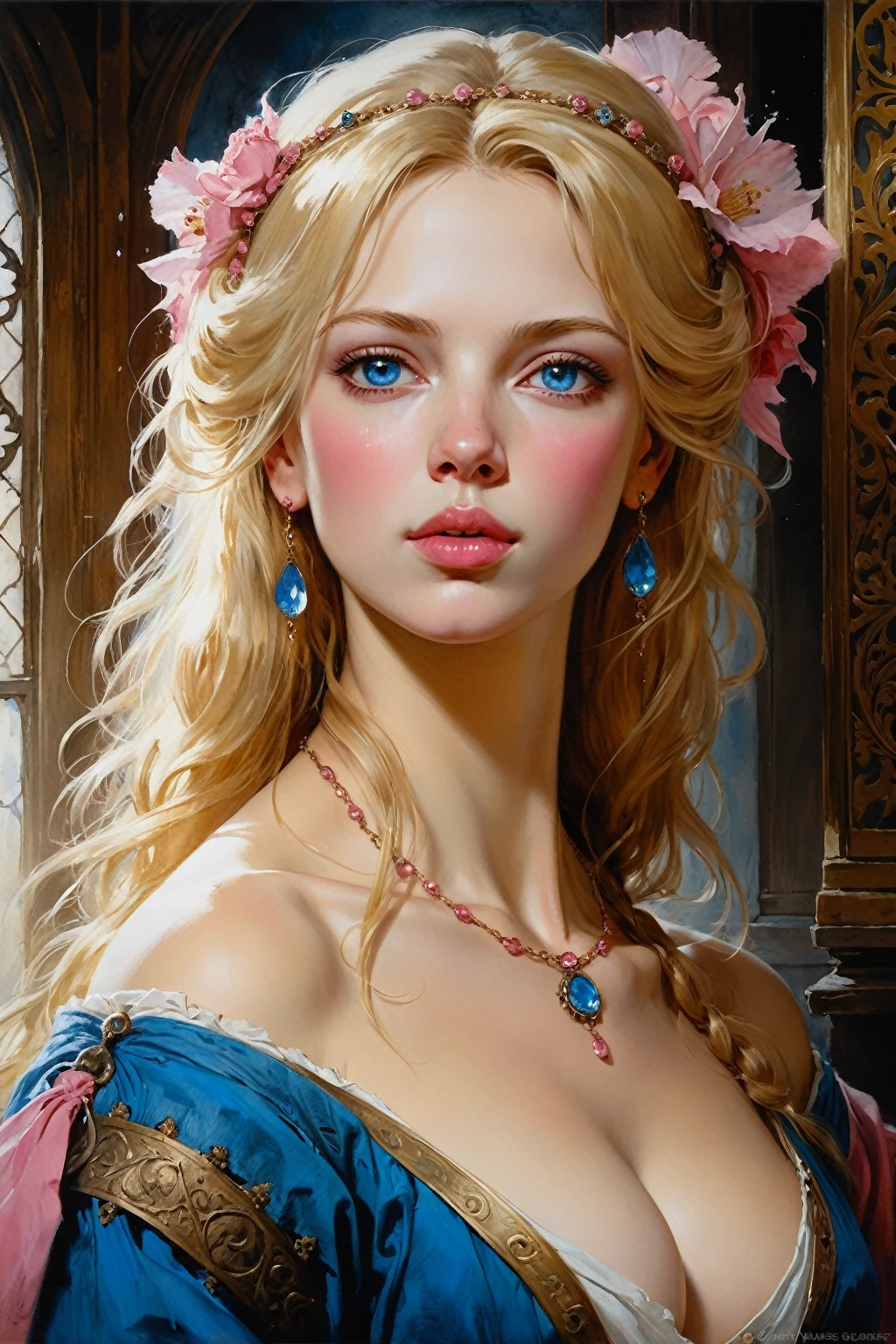 Victorian Hungarian women Women of the 14th century, Blonde hair, Pink lips, Nice feature, Wadim Kashin, james gurney, ink, Splash Art", Amazing beauty , Royo, after sexing, Super detailed splash art modern European oil ink painting, Mid Gorgeous chests, Gorgeous Body, oil painting, Light Diamond Blue eyes, Blush, Greg Rutowski, (no NSFW image).