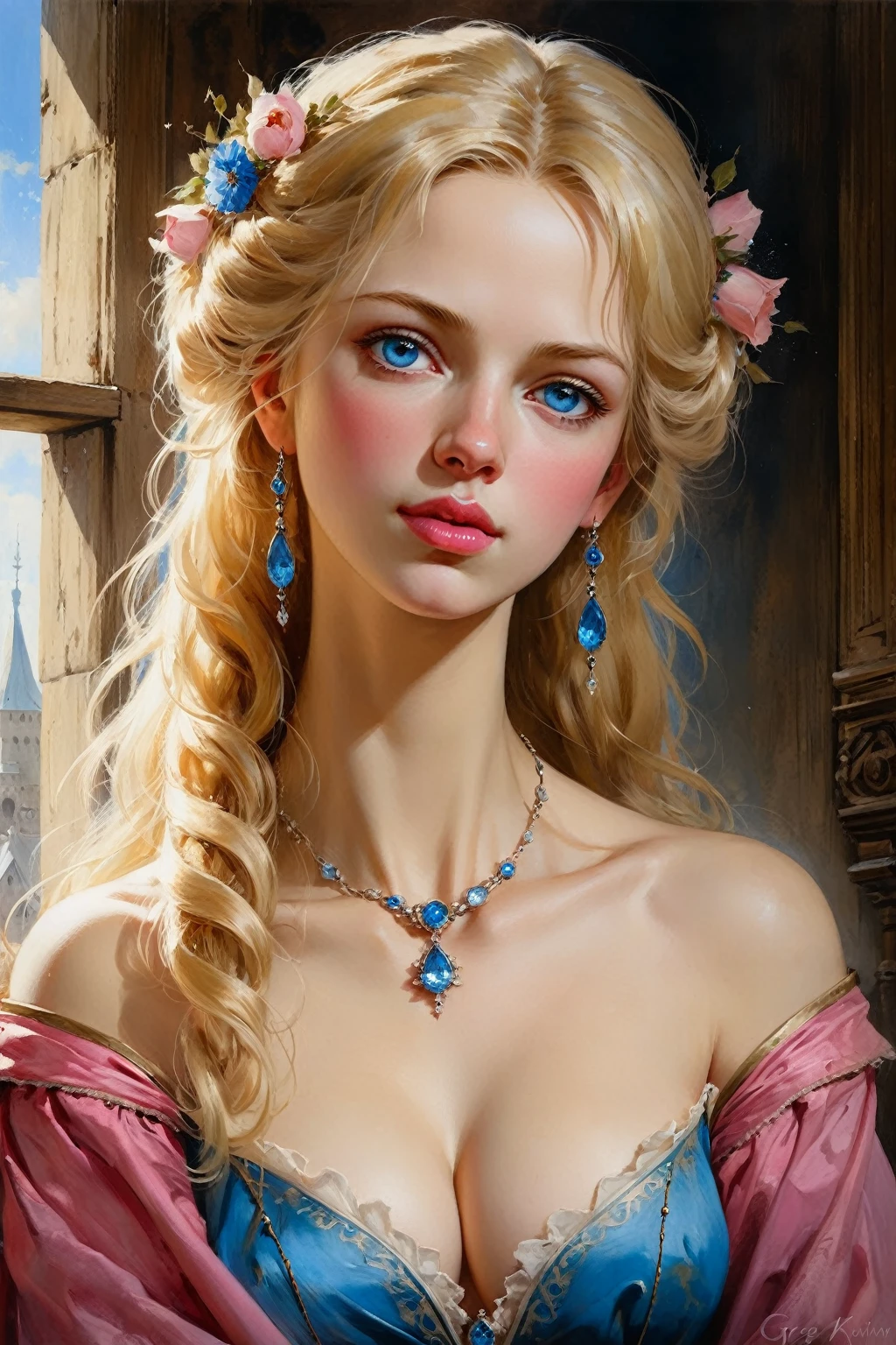 Victorian Hungarian women Women of the 14th century, Blonde hair, Pink lips, Nice feature, Wadim Kashin, james gurney, ink, Splash Art", Amazing beauty , Royo, after sexing, Super detailed splash art modern European oil ink painting, Mid Gorgeous chests, Gorgeous Body, oil painting, Light Diamond Blue eyes, Blush, Greg Rutowski, (no NSFW image).