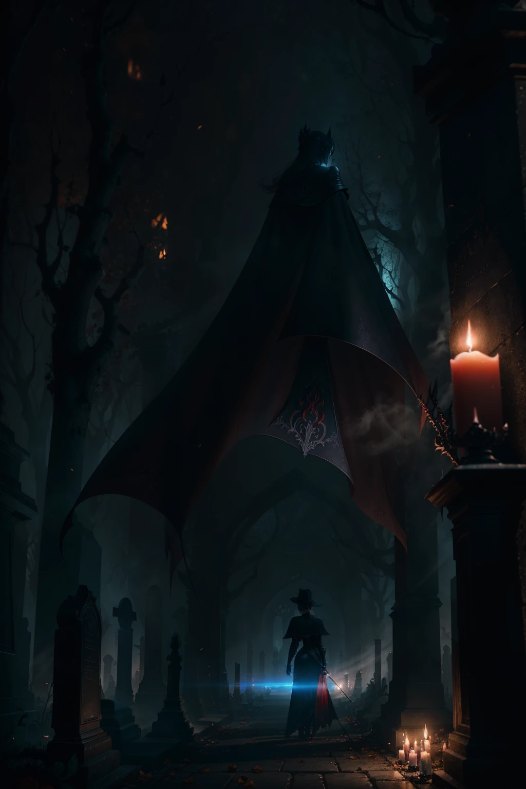 pale, mysterious, elegant and imposing woman, with a gothic air.
the woman wears a black cape, a black dress with a black leather corset and red details. She smokes her cigarette with a long holder and carries a long iron trident with a red rose in the middle. She walks through a dark and gloomy cemetery. the image is very defined in all its details. Seen from a low angle with a wide angle lens where the beautiful woman stands out from the background. the colors are somber and the scene is lit only by the lights of melted black and red candles and the blue light of the moon in intense contrast. the cemetery is simple, RAW photo, fov, lens flare, overlay, volumetric fog, cinematic light, depth of field, epic, Realism, wallpaper, detailed, small details, intricate, 8k hdr, asymmetry, artwork, best quality