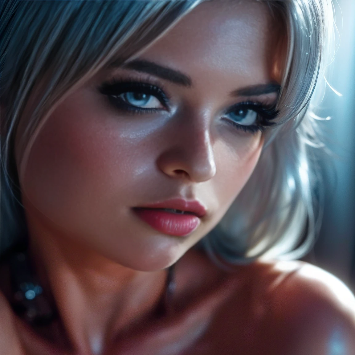 (((ultra realistic))) Photo, masterpiece, top quality, (pale skin), (Ultra detailed face and eyes:1.3), 1 girl, Adult, in a dress, ((Bright Deep Navi Blue eyes)), ((Eye makeup, Pink mascara)), ((large detailed red lips)), (((Brown) straight hair)), ((Stylish hairstyle)) , (Natural breasts). ((Posing)), photoshoot, (Soft Lighting), (The play of light and shadows), depth of field, bokeh, (special attention to skin detail: 1.2), Detailed leather texture, detailed skin pores. (Erotic atmosphere of the frame. Color range - Pink, Silver, White tones), UDR, ((Film grain)), ((rays)), (Glare), ((close-up portrait, close to the camera)) , ultra detialed.