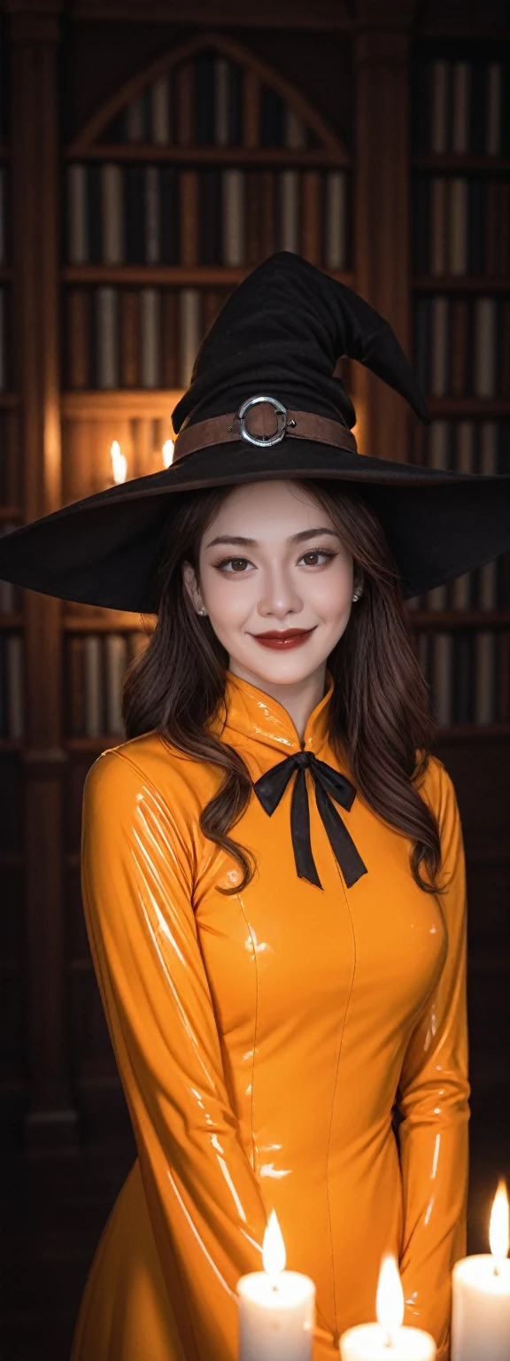 realistic,score_9, score_8_up, score_7_up, (Zulfa Hatim Muitaz, pale skin, red lips:1.2), Expressiveh, rating_questionable, pin up art portrait, detailed painting, high quality, candle lit library scenery, 1girl, witch, witch hat, thin face, brown skin, orange latex gown, dredd_witch, (leaning pose:1.2), looking at viewer, smug facial expression, low light, dramatic lighting, darkness