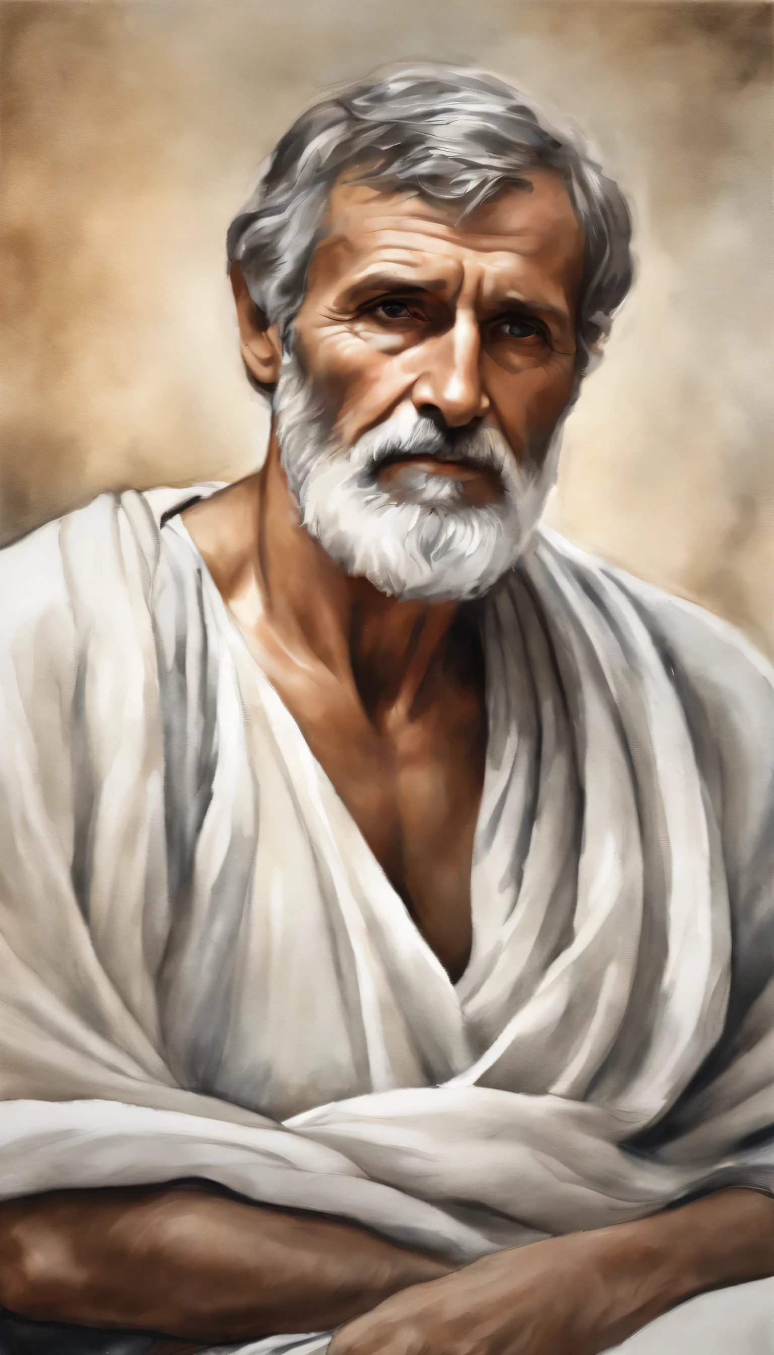 serenidade, ink and watercolor painting, Realistic portrait of ancient Roman philosopher Seneca, a 50-year-old man with a well-groomed gray beard, short gray hair, dressed in a toga, . The face is clearly visible and clear. 真实感, bright man with short beard and tied up hair, serene gaze, Peace